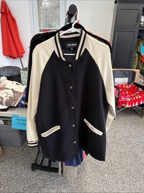 Steve Madden Black and Cream Varsity-Style Snap Jacket